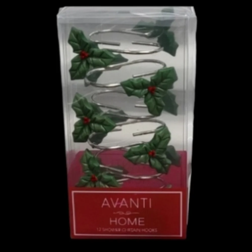 AVANTI HOME Christmas Hollyberry Mistletoe SHOWER CURTAIN HOOKS NEW